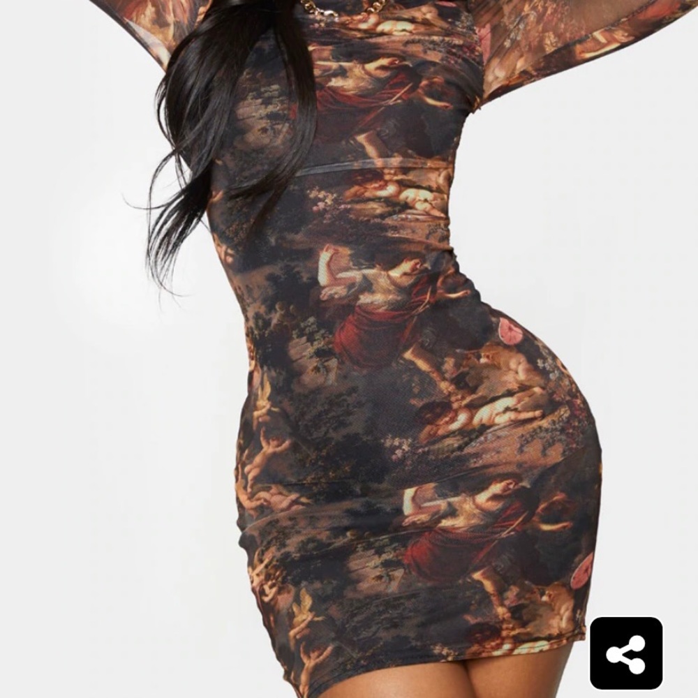 Shape Renaissance Print High Neck Mesh Bodycon - Picture 2 of 5